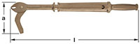 Horizontal image of a nail puller with its long bar handle. The tool features a long handle with a bill-shaped gripper on the left end and a bent leg shaped pry bar pointed down underneath the nail gripper. Dimensions 'a' and 'l' are marked for height an